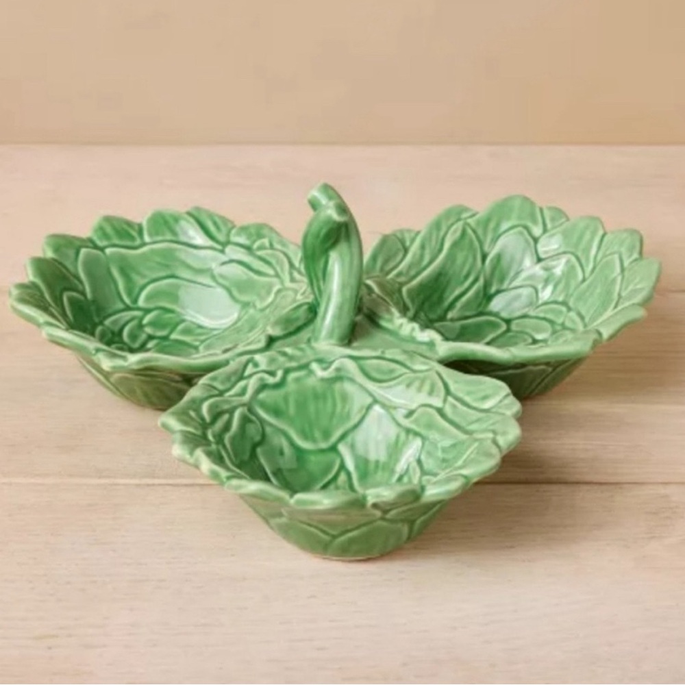 New 10oz Artichoke Three Section Stoneware Serving Bowl Green - John Derian